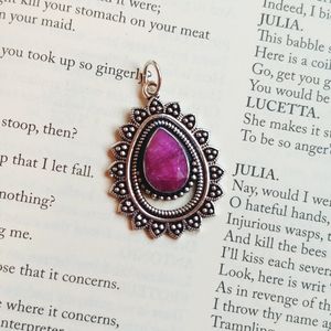 Raw ruby teardrop faceted floral pendant